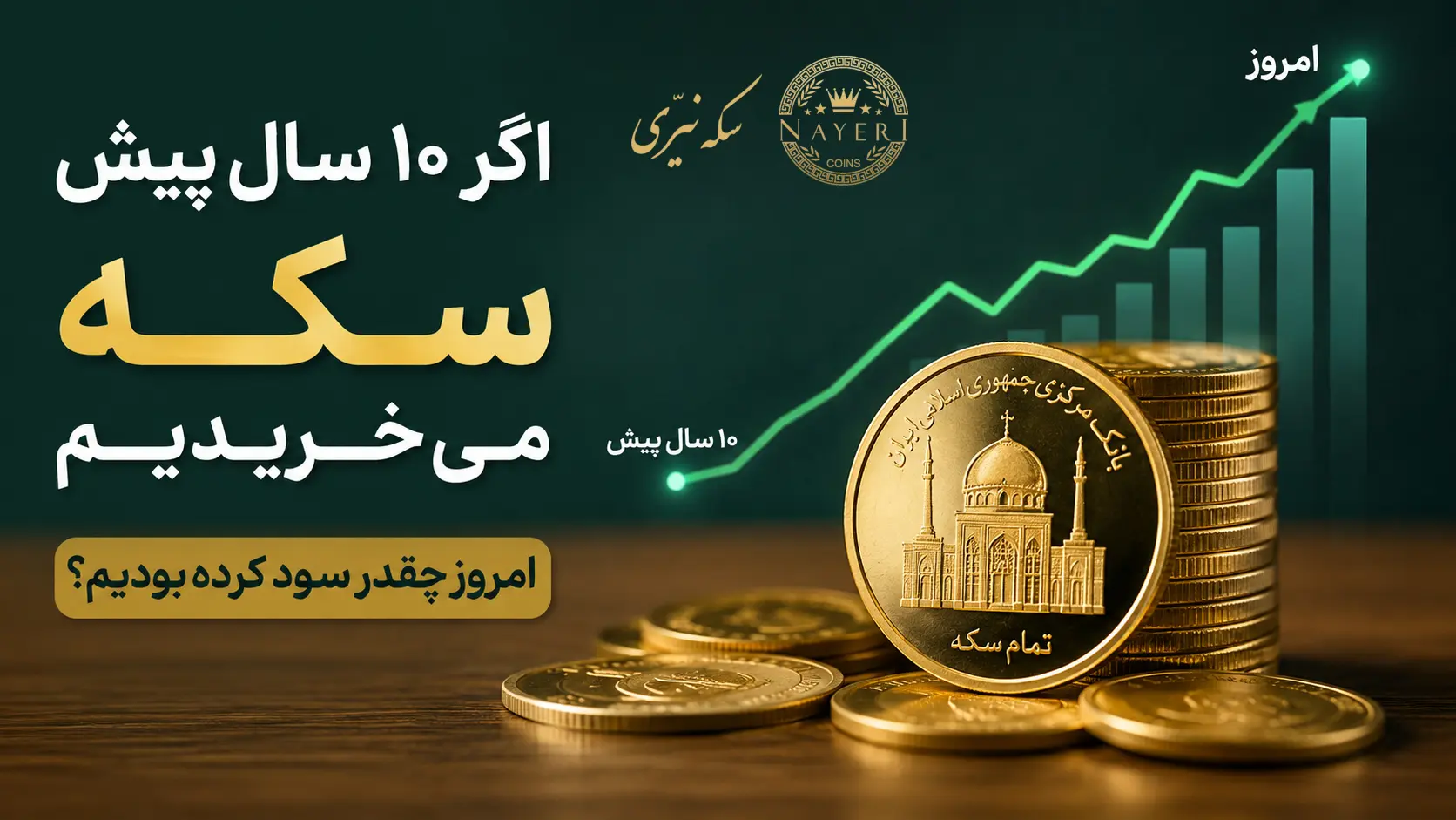 سکه امامی در کنار نمودار رشد قیمت و محاسبه سود سرمایه‌گذاری در ۱۰ سال گذشته